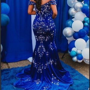 Elegant Sapphire Off-Shoulder Embroidered Dress